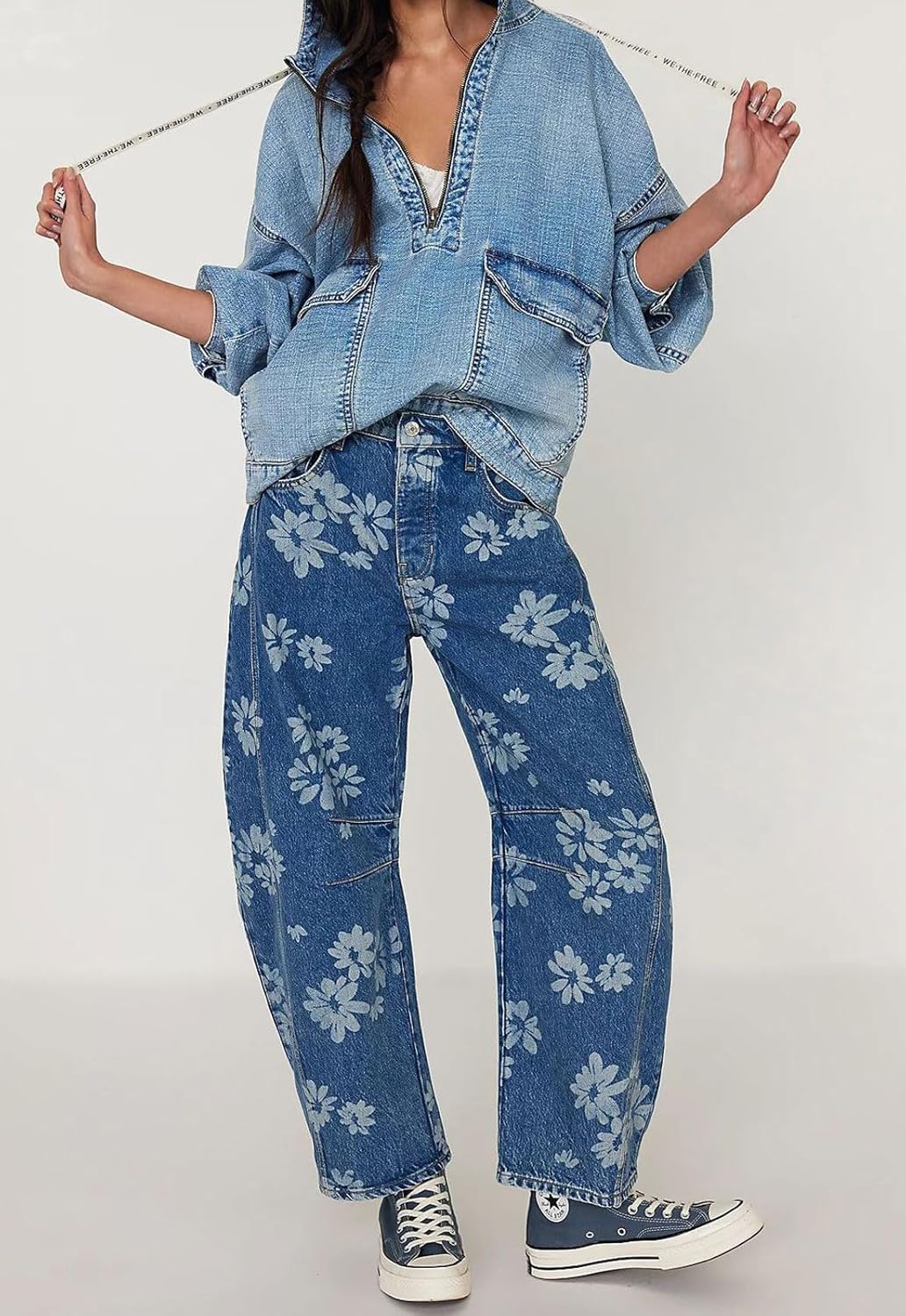 loveimgs Women Y2k Distressed Barrel Jeans Baggy Wide Leg Jeans Floral Printed Boyfriend Patchwork Denim Pants - Image 3