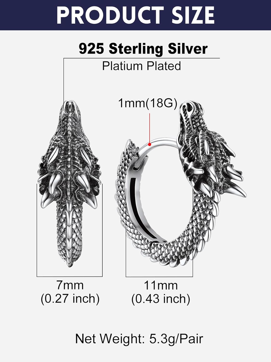 Bandmax Dragon Huggie Earrings for Men Women Stainless Steel/Silver Hypoallergenic Retro Style Punk Hoop Earrings, Gift Packed