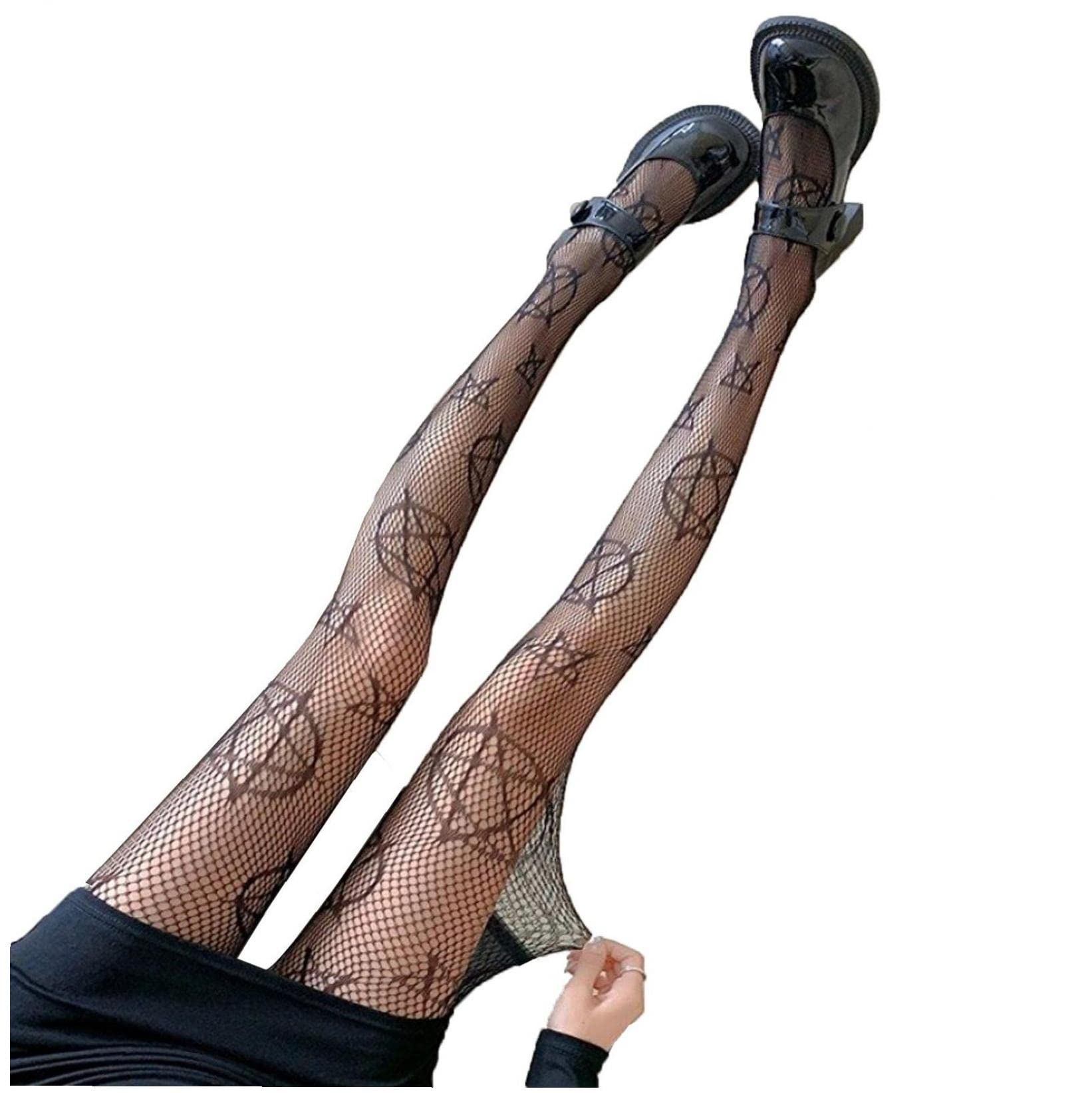 Pinicecore Women's Black Pentagram Fishnet Stockings High Waist Fishnet Pantyhose Tights Net Nylon Hosiery Stockings For
