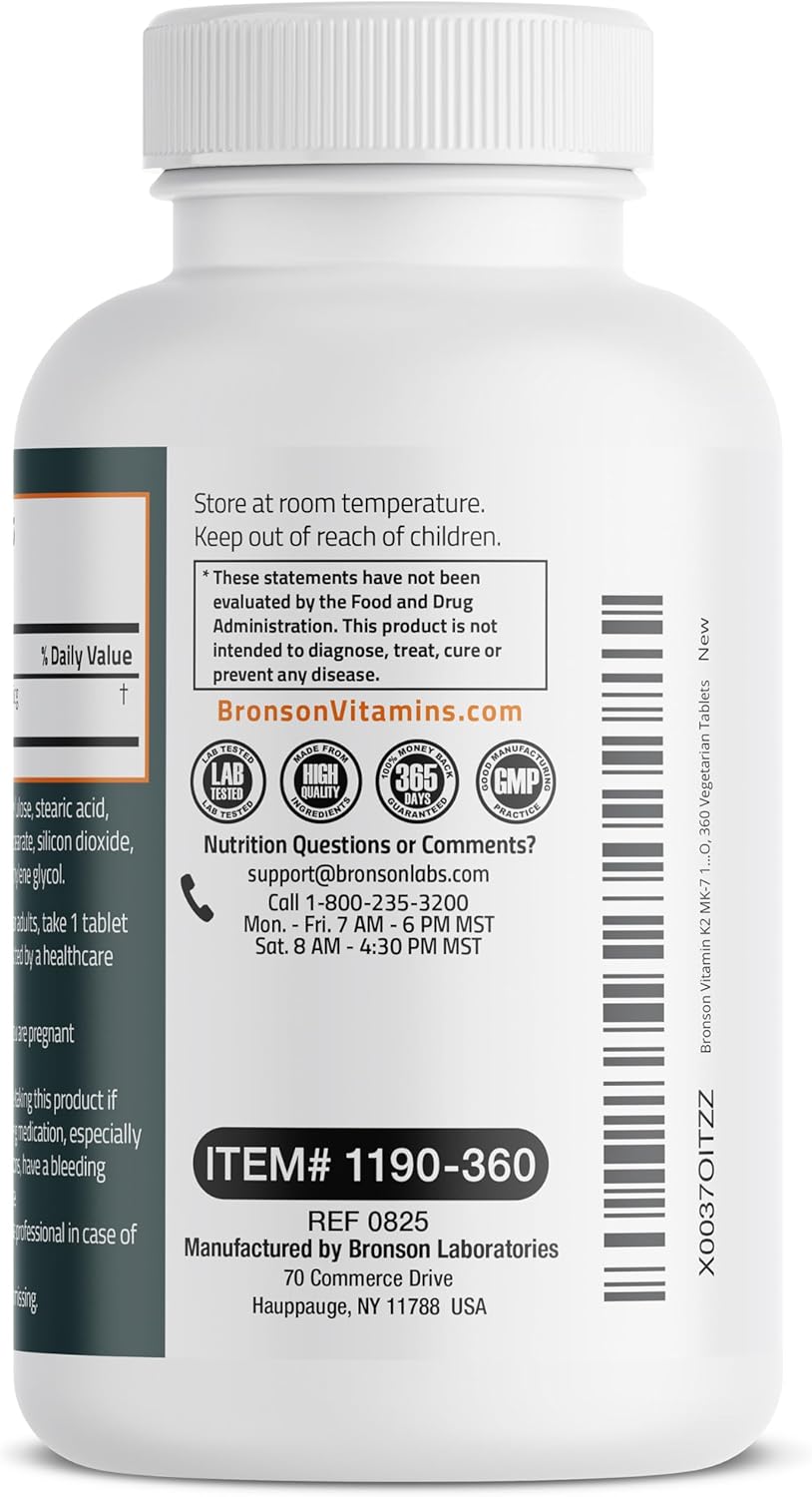 Bronson Vitamin K2 MK-7 100 MCG, K2 as MK7 Menaquinone, Bone Support, 360 Tablets