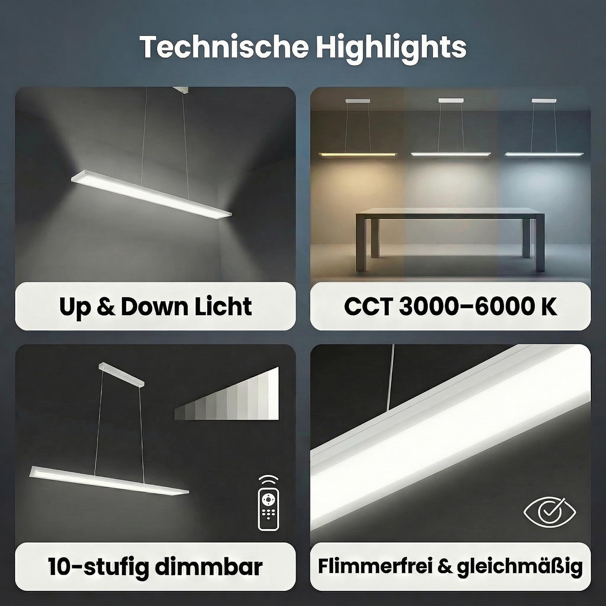 LED Universum Büro-Pendelleuchte OFFICE PANEL UP & DOWN 70/30, 120x20cm weiß, CCT 3000-6000K, 3500lm, dimmbar, mit Fernbedienung, blendfrei UGR<19, hoher CRI>90Ra, flimmerfrei