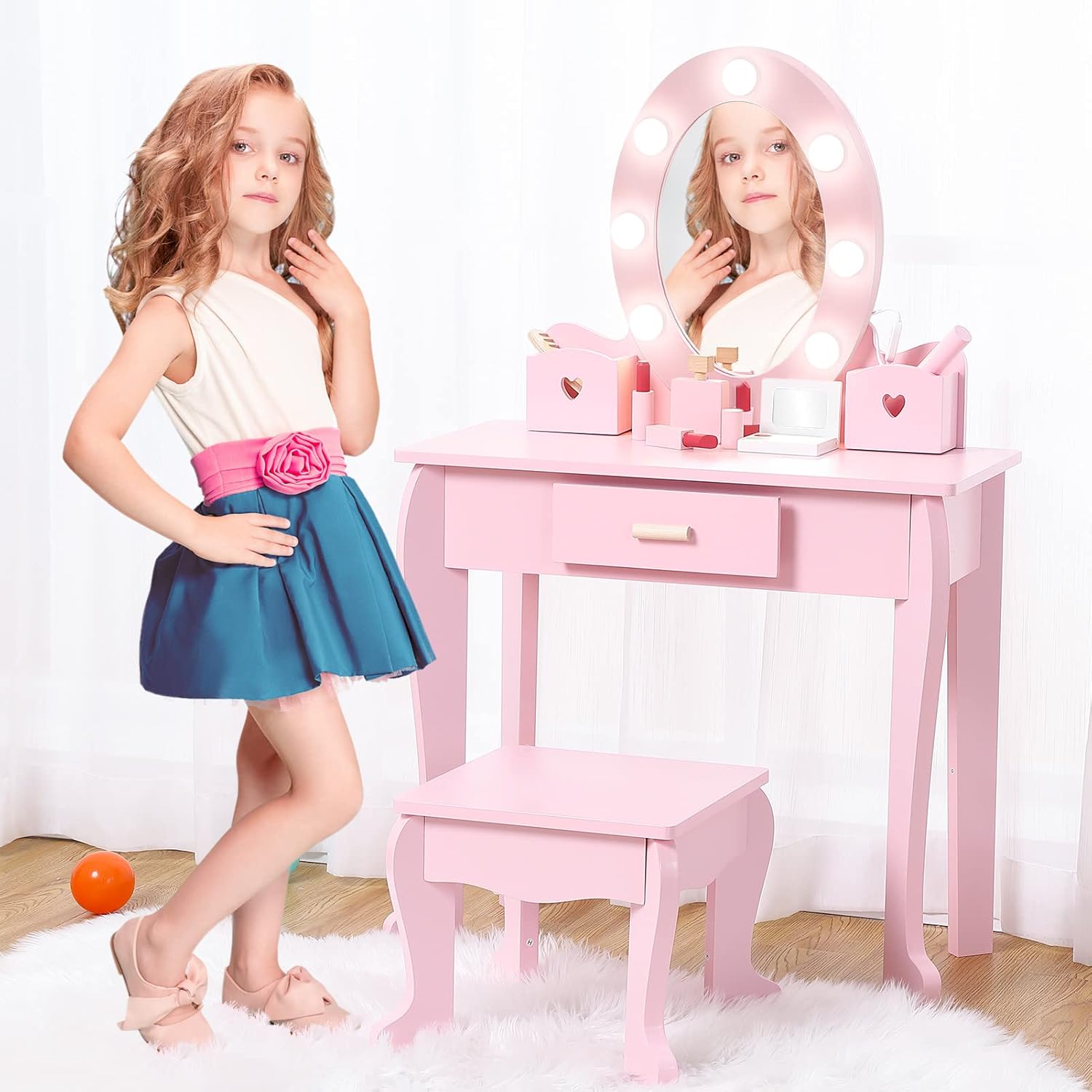 Kids Vanity Set, Pretend Play Girls Vanity Table and Chair Set with Lighted Mirror, Stool, and Wood Makeup Playset, Pink