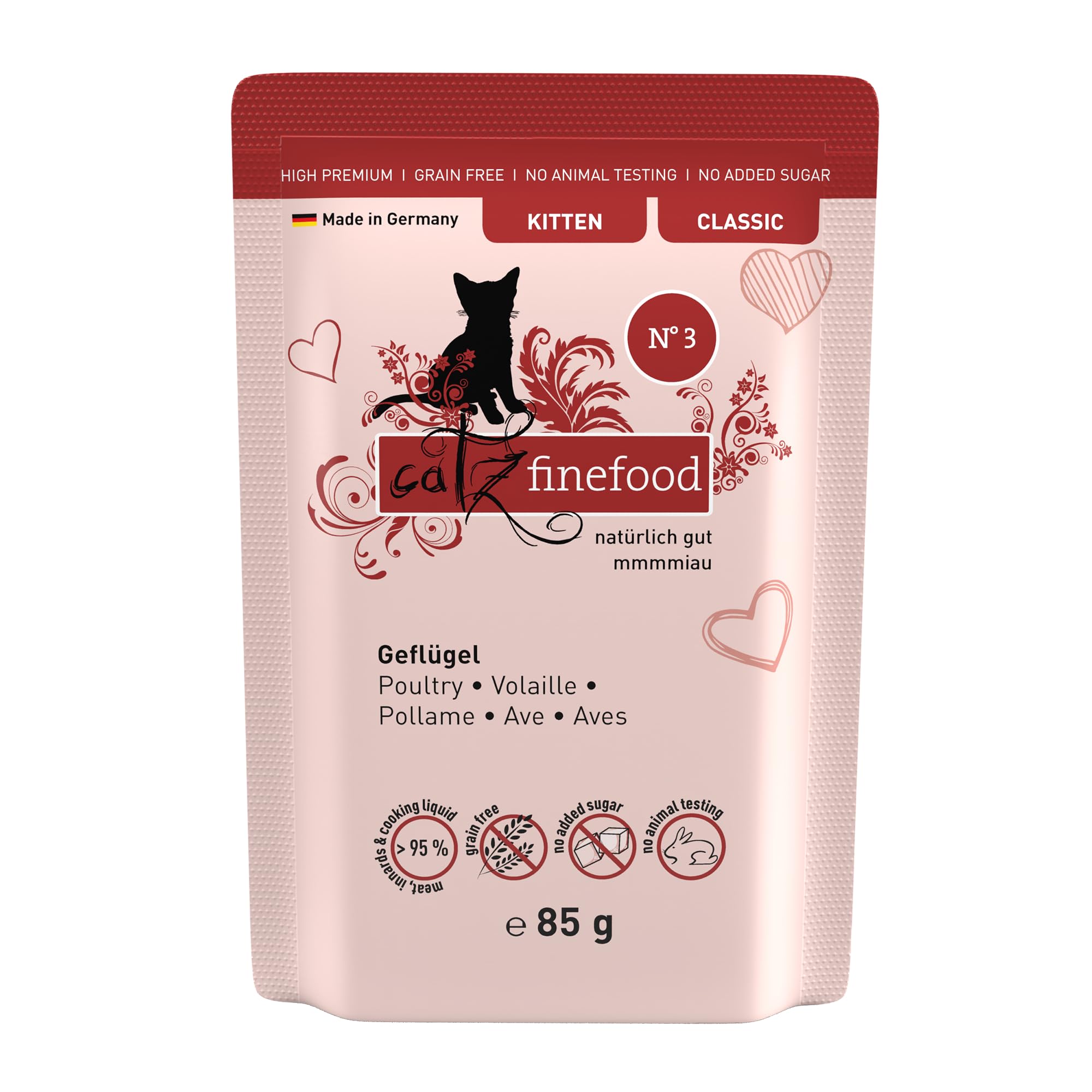 catz finefood Comida húmeda para Gatos de Aves de Corral Kitten N°3, Comida húmeda para Gatos jóvenes, sin Cereales y azúcar con Alto Porcentaje de Carne, 8 Bolsas de 85 g