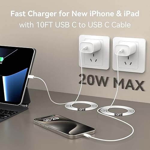 Miniatura 3 de Cargador para iPhone 15 de carga rápida, cargador de iPad de 10 pies de largo USB C a C cable de carga con bloque de carga rápida de iPhone de 20 W