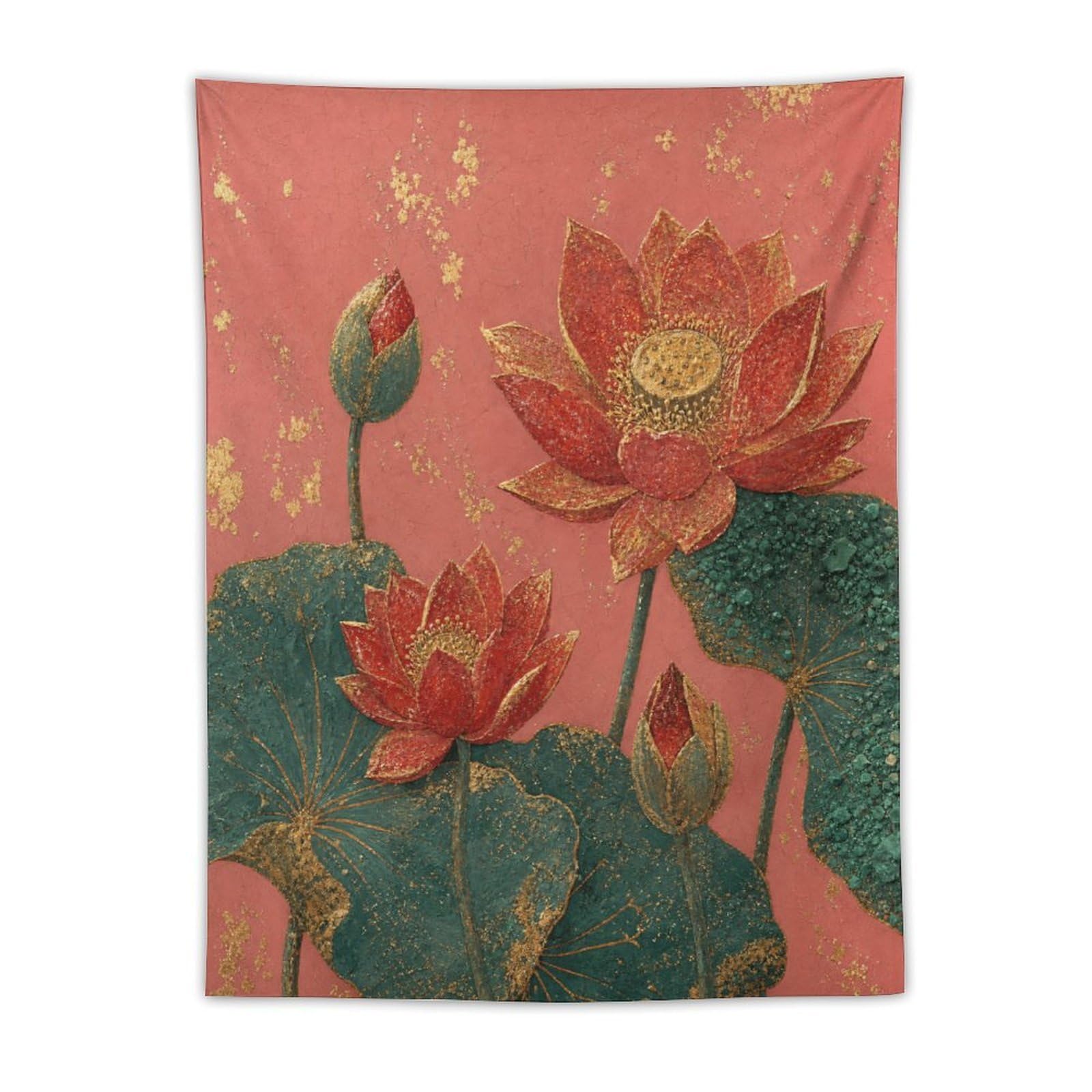 H3B8U2Y5 Red Lotus Flowers Wall Tapestry, Asian Ink, Reading Corner