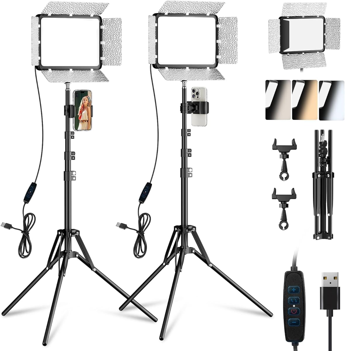 EMART LED Video Light Kit with Phone Holder & Barndoor, 2800-7000K Dimmable Studio Lights for Video Recording, 73'' Height for Live Streaming, YouTube, Vlog, Photography, Content, Podcast, 2-Pack