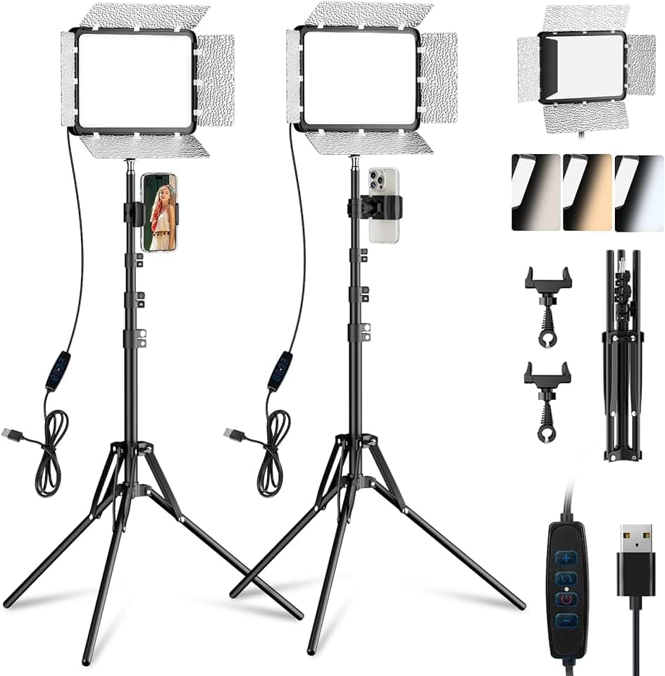 EMART LED Video Light Kit with Phone Holder &amp; Barndoor, 2800-7000K Dimmable Studio Lights for Video Recording, 73'' Height for Live Streaming, YouTube, Vlog, Photography, Content, Podcast, 2-Pack