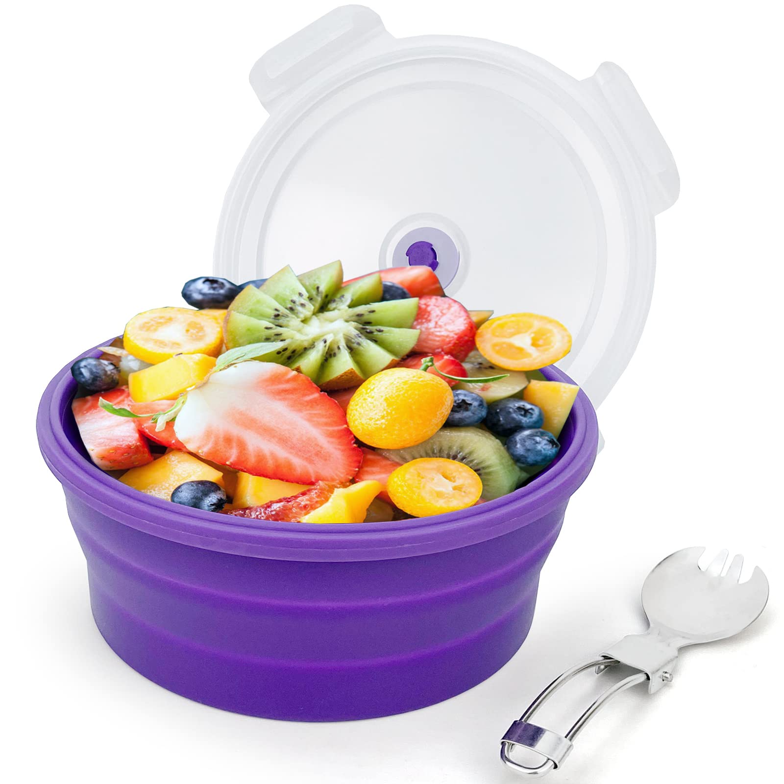 Lunbengo 1200ml Large Silicone Food Container with Lid, Collapsible Camping Bowl for Meal Prep, Picnic, Food Preservation, Silicone Bowl with Foldable 2 in1 Fork and Spoon, Purple