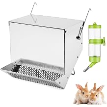 Rabbit Feeders for Cages,3.5 Pound Metal Trough Feeder with Water Bottle