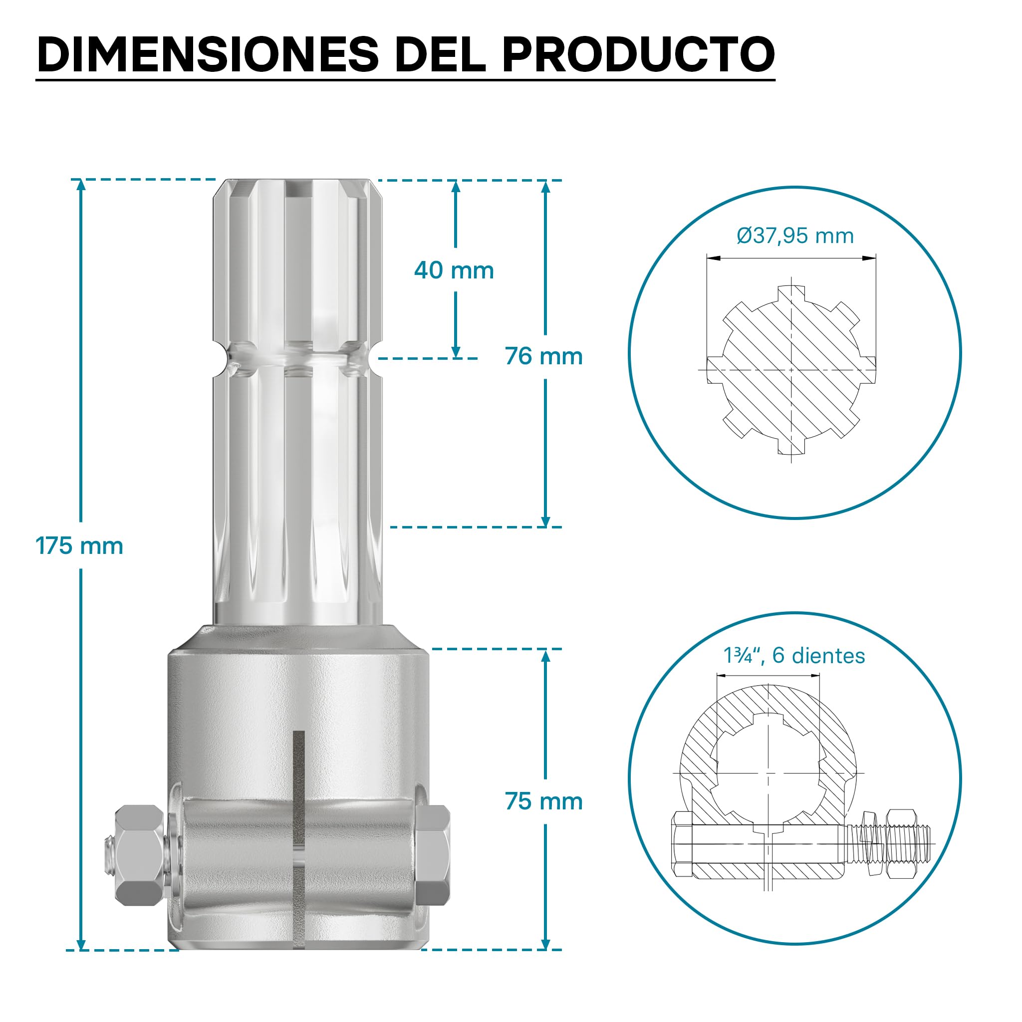 WilTec Toma de Fuerza, PTO 175 mm Casquillo Eje Estriado 1 3/4" 6 Eje de Salida 8-32x38x6 Tractor