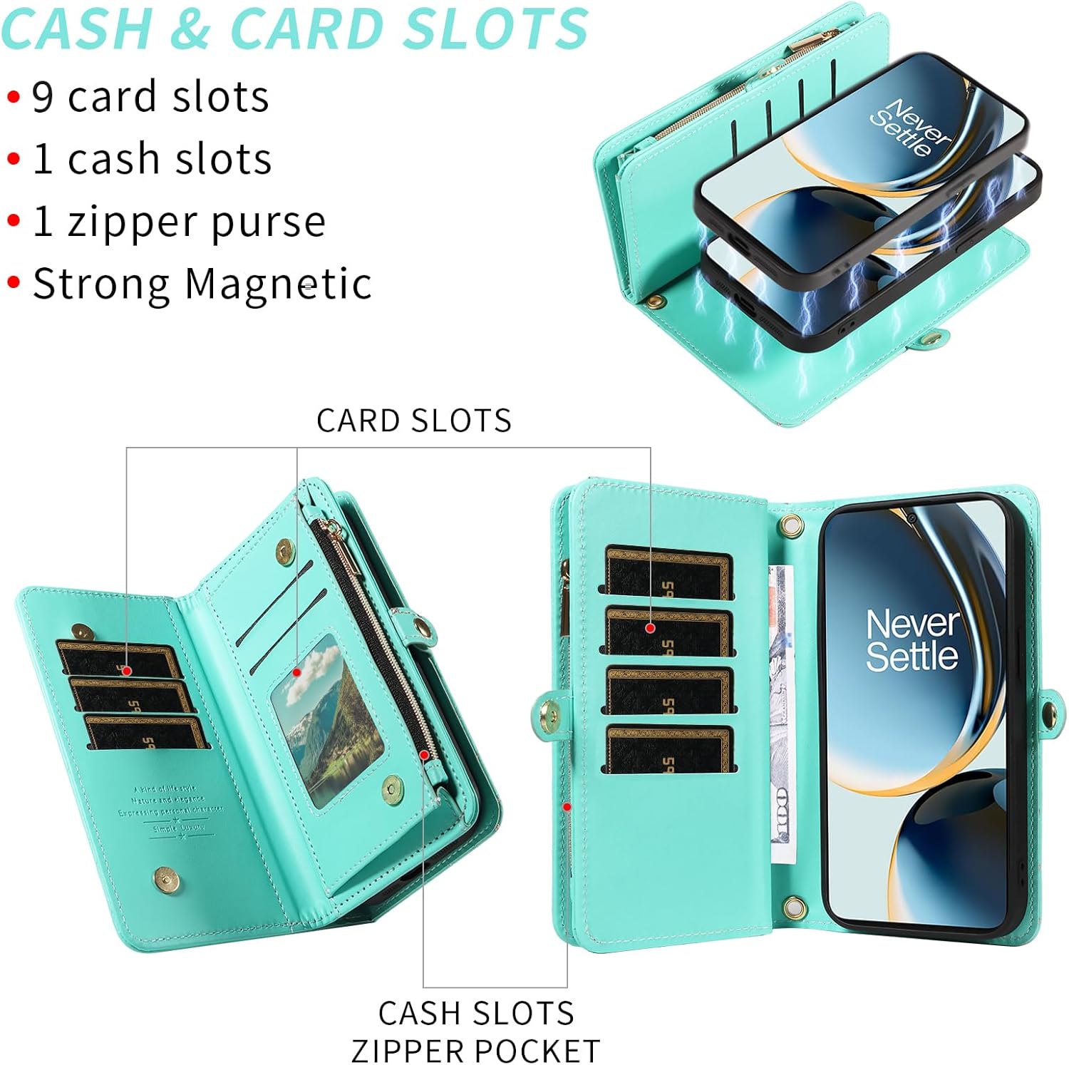 Asuwish Phone Case for OnePlus Nord N30 5G/CE 3 Lite Zipper Wallet Cell Cover with Tempered Glass Screen Protector Strap Glitter Flip Card Holder Slot OPPO K11x/One Plus 1 1+ N 30/CE3 Women Girls Teal