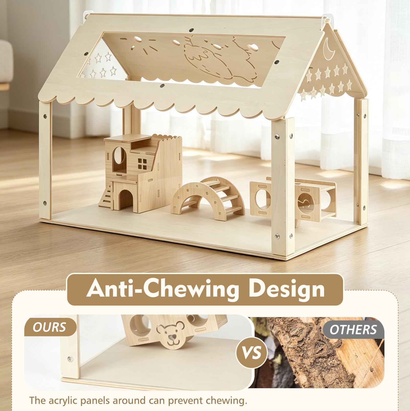 Gabbia per criceti, trasparente, per criceti, piccoli animali, 60 x 40 x 40 cm, gabbia in legno con nascondiglio in stile ville, grande impilabile per criceti siriani, roditori, topi