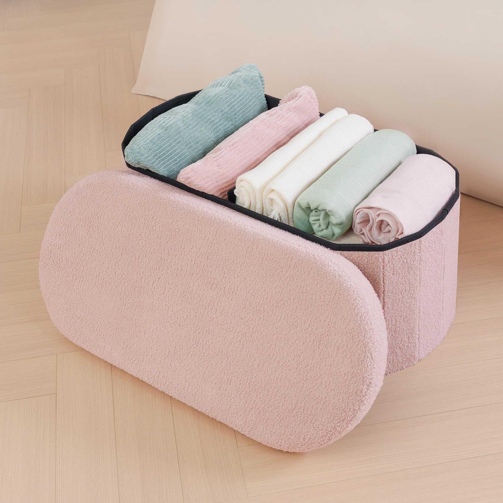 Bonlife Baúl Plegable,Puff Almacenaje, Taburete Reposapiés,Banco pie de Cama, para Sala de Estar, Dormitorio, Entrada, Rosa, Forma Ovalada,76x38x38 cm