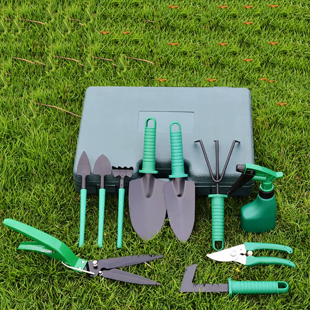 10 Pezzi Set Attrezzi da Giardino, con Custodia, in Acciaio Inox, Impugnatura Ergonomica, Cazzuola Rastrello Sarchiatrice Cesoie Spruzzatore,Green