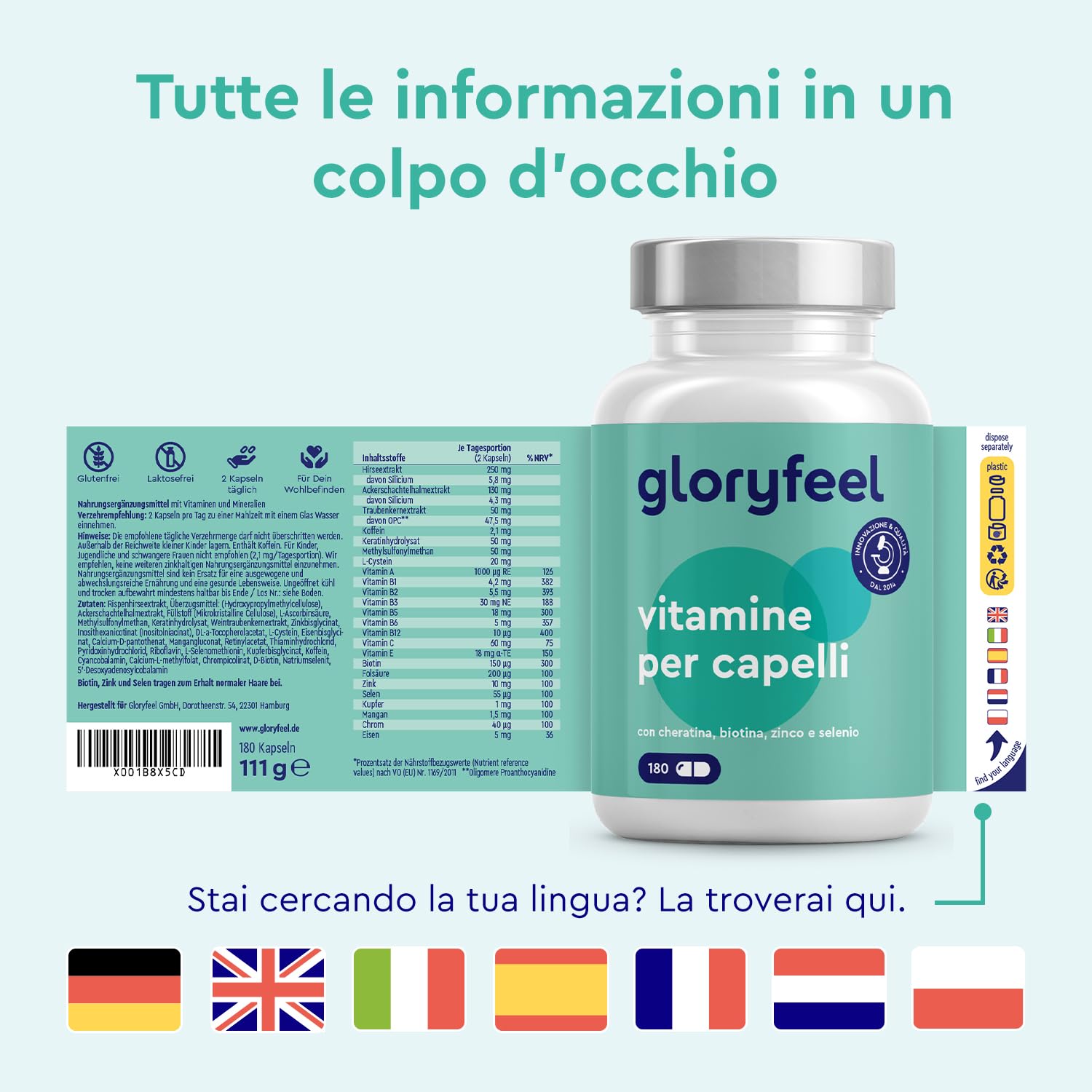 Integratore per Capelli, 3 Mesi di Scorta,180 Capsule, Cheratina, Biotina, Zinco & Selenio + Rame, Per Capelli Sani, per il Benessere di Pelle e Unghie, 100% Vegetariano, Senza Lattosio, Glutine