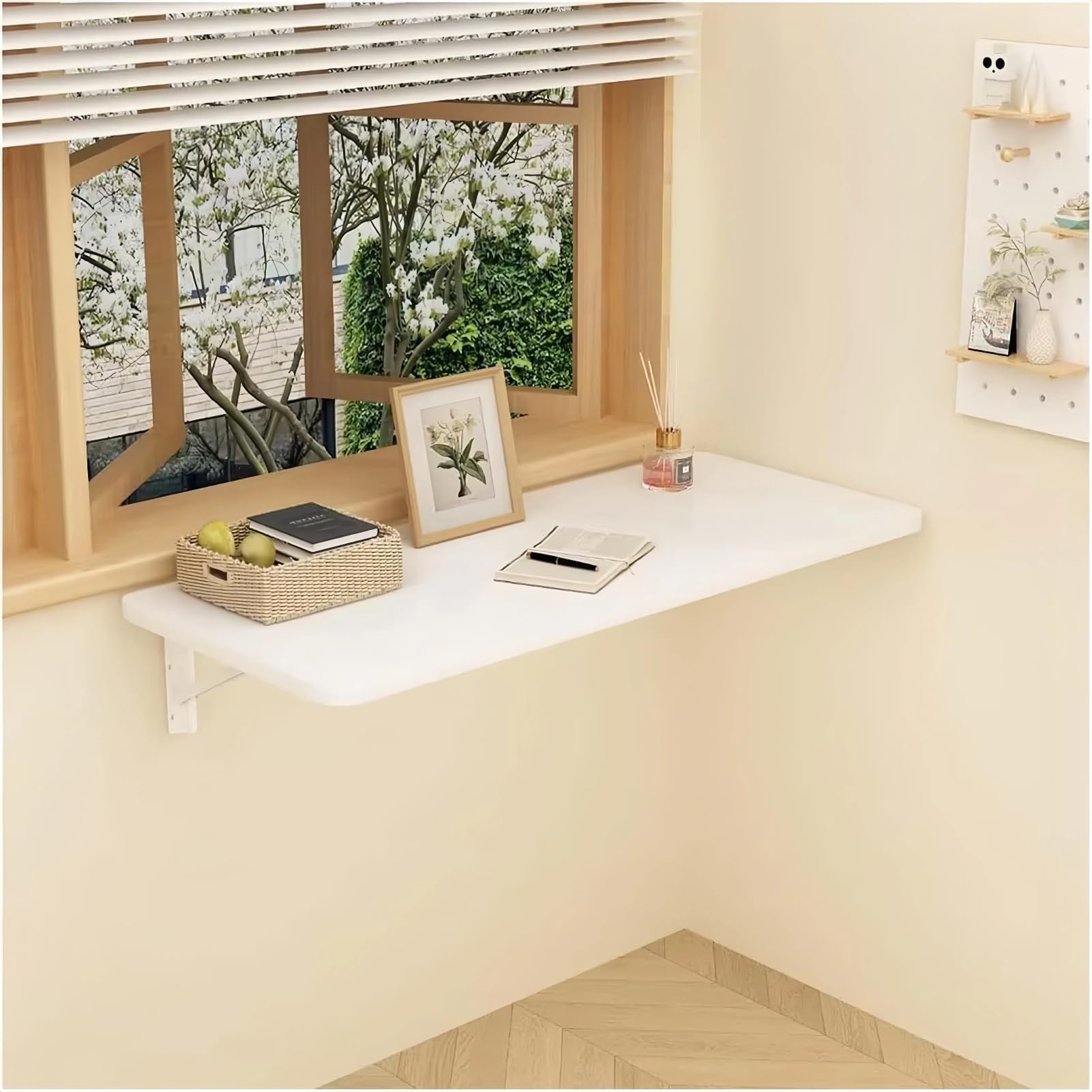 Tavolo Pieghevole da Parete, scrivania Galleggiante Multifunzionale, Elegante Tavolo da Pranzo salvaspazio, Accessori Inclusi, Bianco, 30x60 cm - Perfetto per Piccoli spazi
