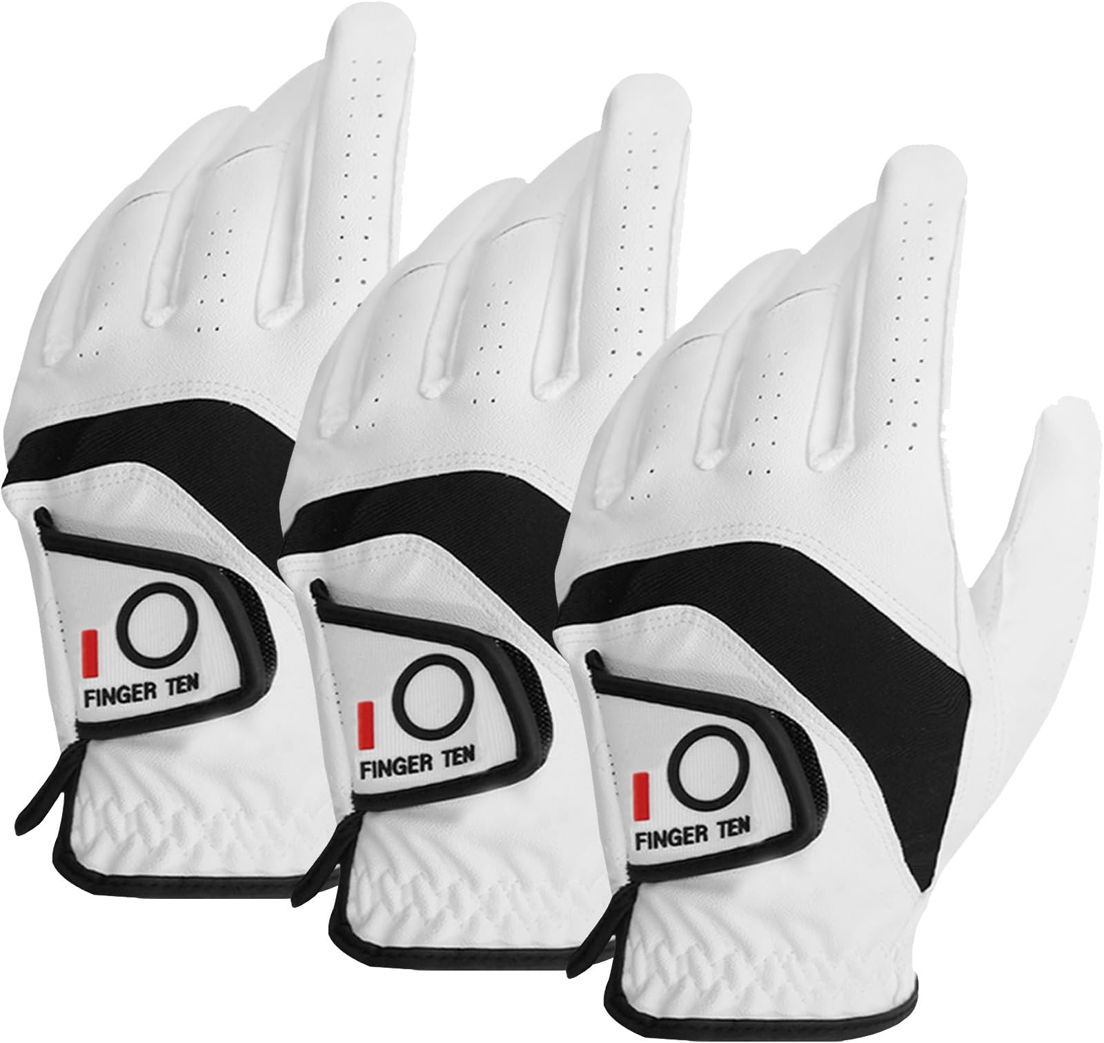 FINGER TEN Golf Gloves Men Left Hand Pu Leather Multipack All Weather Soft Value 3 Pcs, Golf Gloves Mens for Left Handed Golfer Rain Grip Soft Durable Comfortable