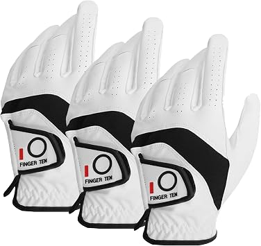 FINGER TEN Golf Gloves Men Left Hand Pu Leather Multipack All Weather Soft Value 3 Pcs, Golf Gloves Mens for Left Handed Golfer Rain Grip Soft Durable Comfortable