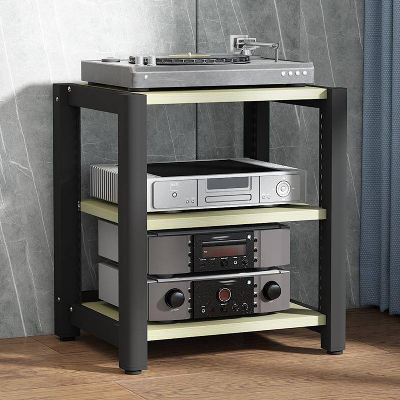 Support audio à 3 niveaux meuble multimédia jaune de 64cm pour lecteur CD et hi-fi