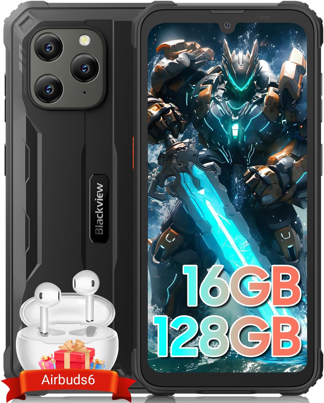 Blackview BV5300 Plus Rugged Smartphone with Earphone,16GB RAM+128GB ROM/2TB Rugged Phones, Android 13+DokeOS 4.0, 6580mAh, 6.1" HD+ Display,13MP Triple Camera Waterproof Phone Unlocked/LTE/OTG-Black