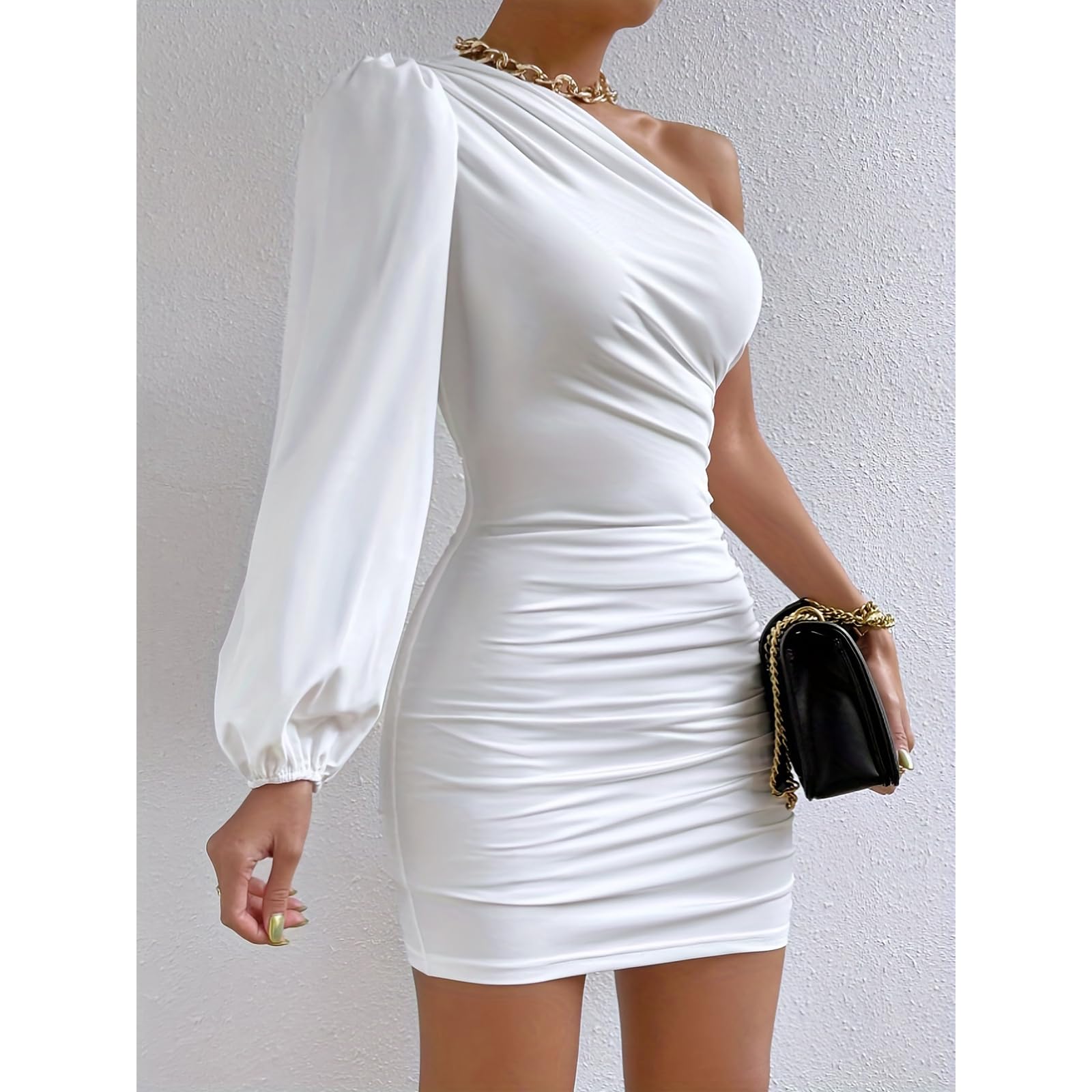Robe Femme Sexy Manches Longues Mini Robe Bodycon Épaules Dénudées Épaules Inclinées Wrap Robes Courte Moulante Chic et Élégante Slim Fit Robes de Soirée Streetwear pour Cocktail Fête Clubbing