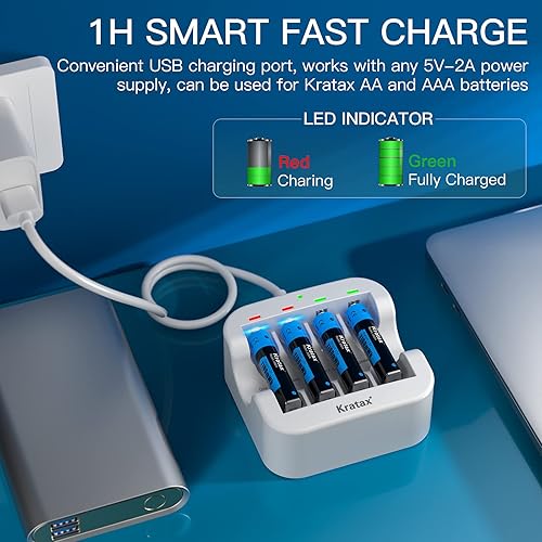 Miniatura 7 de Baterías de litio recargables AAA, paquete de 4 baterías Kratax de 1.5 V de 1100 mWh de iones de litio triple A con cargador de batería rápido,