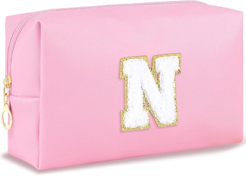 Necessaire de maquiagem URSKYTOUS com letra chenille N, rosa, em couro sintético, com zíper