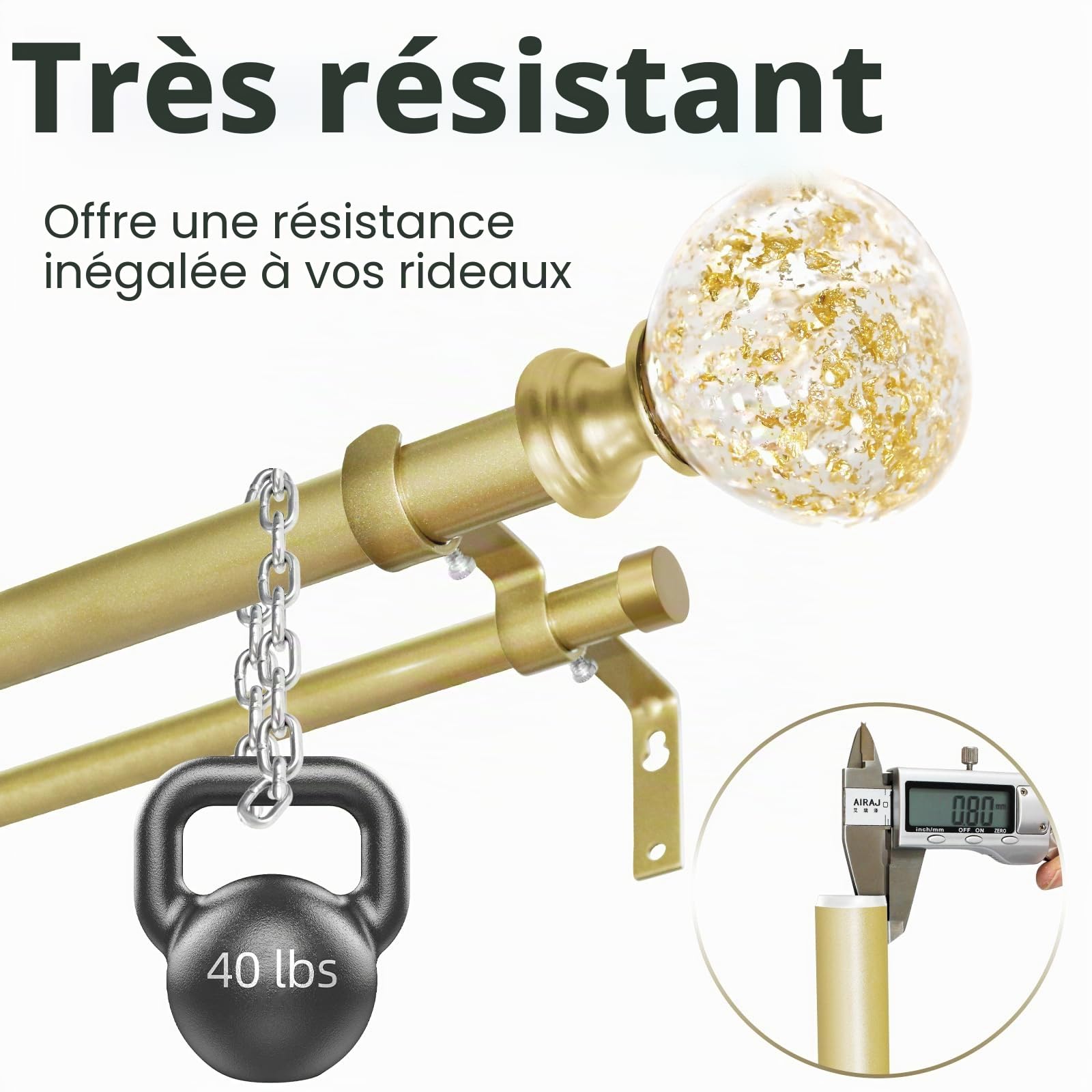 Tringle à rideaux double dorée pour fenêtres de 122 à 213 cm : double tringle à rideaux réglable et robuste de 122 à 213 cm – Embouts en résine dorée et double tringle à rideaux