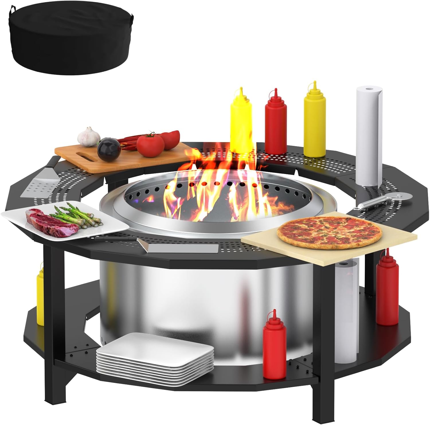 Fire Pit Surround Tabletop for Solo Stove Yukon Bonfire Accessories, Round Outdoor Fire Pit Table, Dust Cover for Solo Stove and Other Wood Burning, Powder-Coated Steel Stove Table Surround