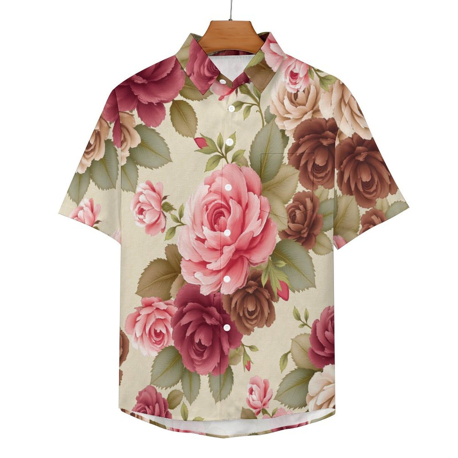 Camicia da Uomo a Maniche Corte Funky, Rose Fiori di Eleganza, Aloha Camicias Estiva per la Spiaggia, vestibilità Normale con Bottoni, per Libero Vacanze