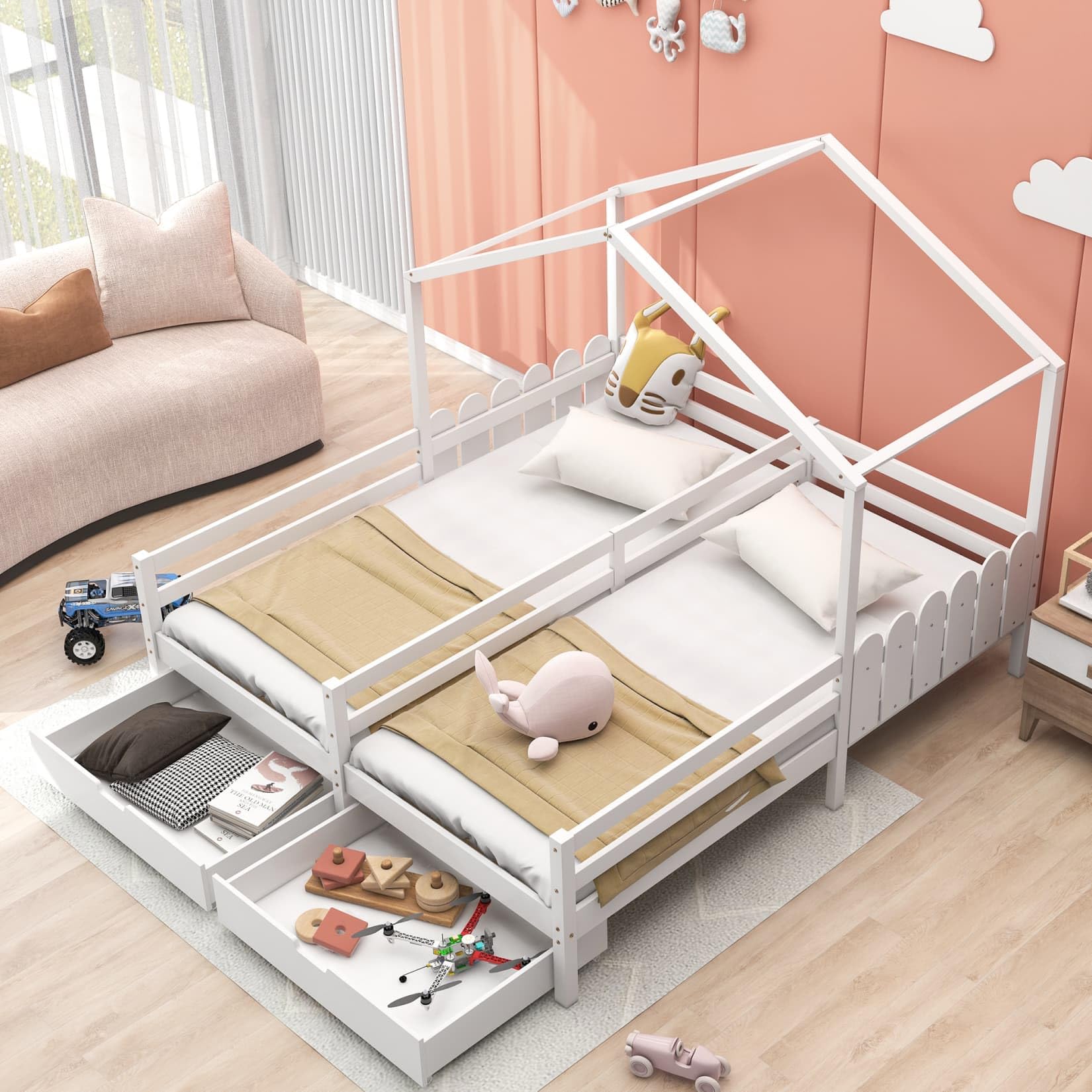 PUGSDRLY Lit Double Cabane Enfants avec Rangement 2 Tiroirs à roulettes,Barrières Hautes,Lit Cabane Enfants 90x200 cm avec Sommier à Lattes,pour Garçons Filles,Blanc (E)