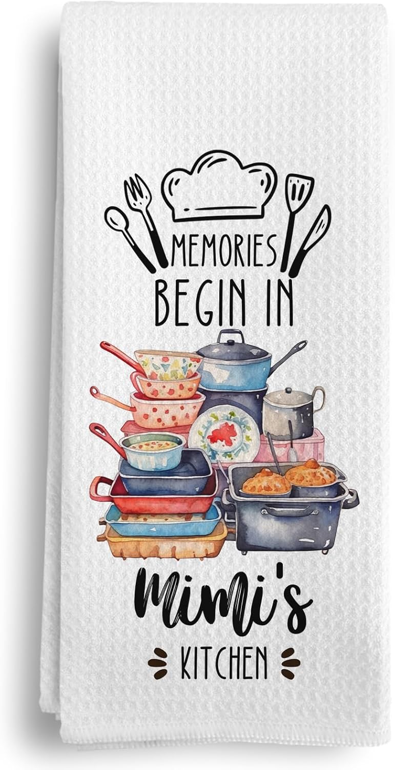 Mimi Gifts Kitchen Towels, Grandma Gifts for Mother's Day Birthday from Grandkids Grandson Granddaughter Dish Tea Towels, Memories Begin in Mimi's Kitchen Decorative Hand Towels, 16X24In