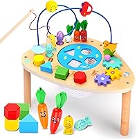 Wingyz 6-in-1 Wooden Montessori Activity Table for Toddlers 1+: Bead Maze, Shape Sorter, Fishing Game Sensory Learning Toy