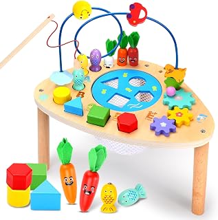 Wingyz 6-in-1 Wooden Montessori Activity Table for Toddlers 1+: Bead Maze, Shape Sorter, Fishing Game Sensory Learning Toy