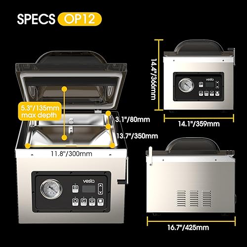 Miniatura 2 de Sellador al vacío de cámara de 12 pulgadas con bomba de aceite, resistente, ideal para alimentos húmedos, líquidos, polvos y Sous Vide, funciona