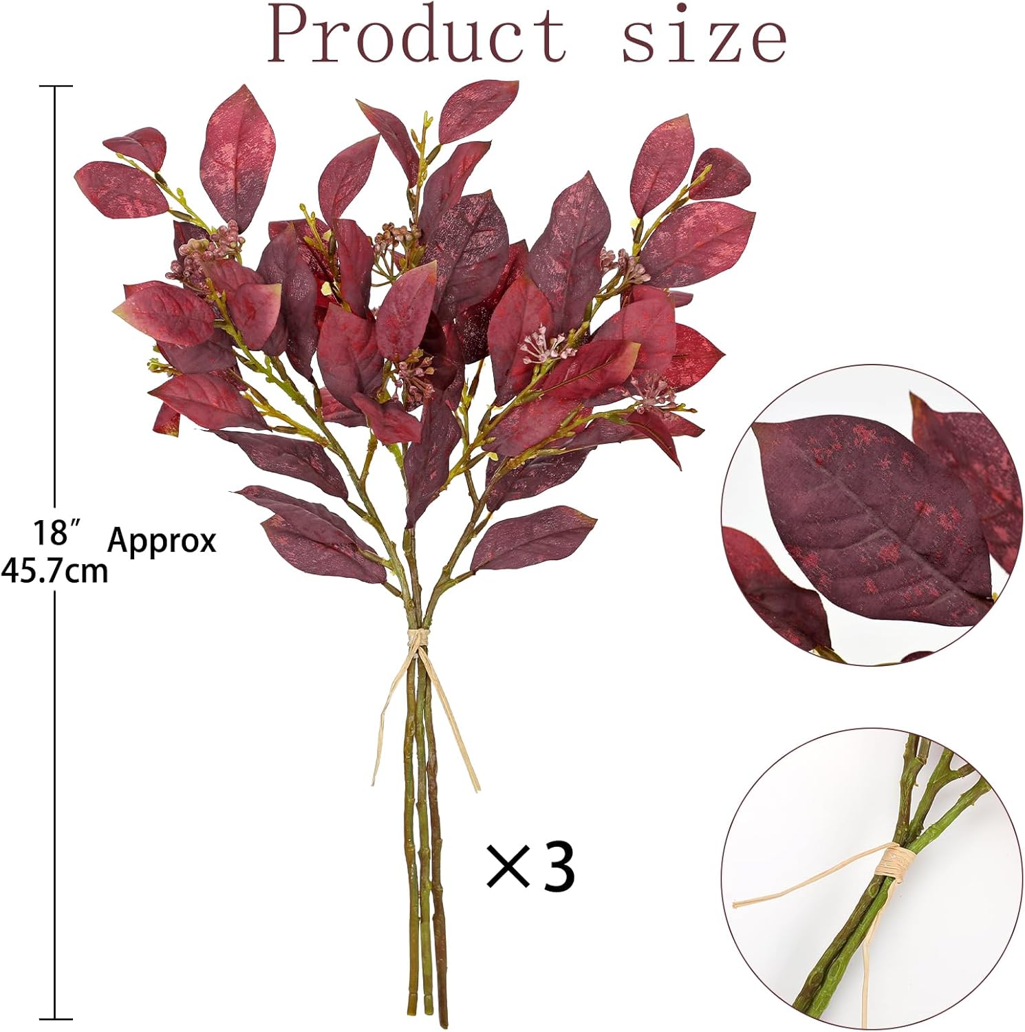 3 Pcs Artificial Fall Burning Bush Leave Bundles with Flower Seeds Branches for Autumn Floral Arrangements, 18" Fake Burgundy Leaves Bunches with Stems for Party Table Centerpieces & Gothic Decor - Image 3