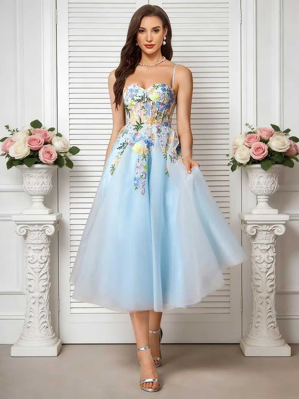 Flower Embroidery Tulle Prom Dress for Women Tea Length Spaghetti Straps Formal Evening Party Gown - Image 5