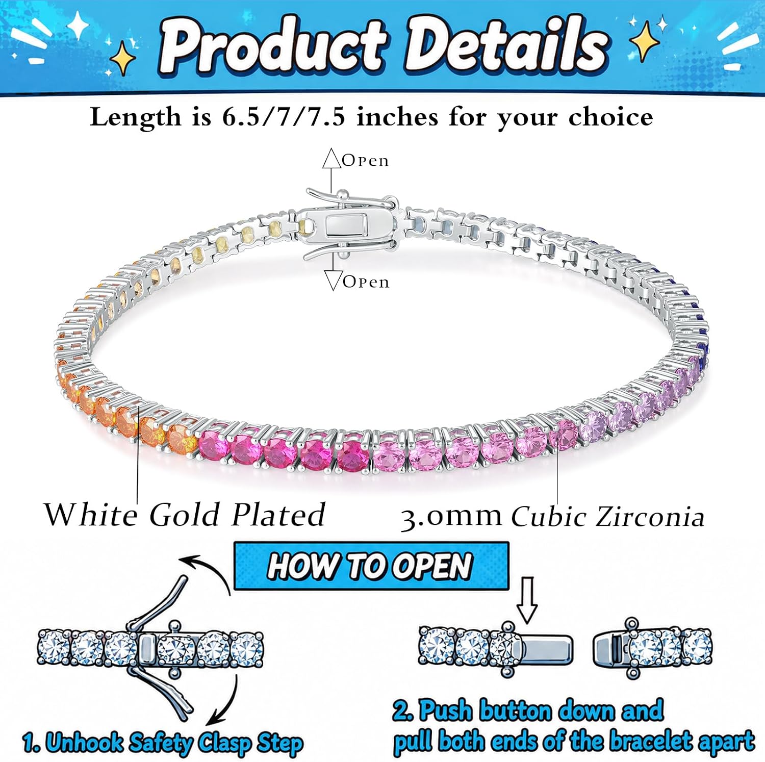 Tennis Bracelet for Women Rainbow 3mm Cubic Zirconia Silver Tone Stackable Jewelry Gift 6.5 or 7 Inch