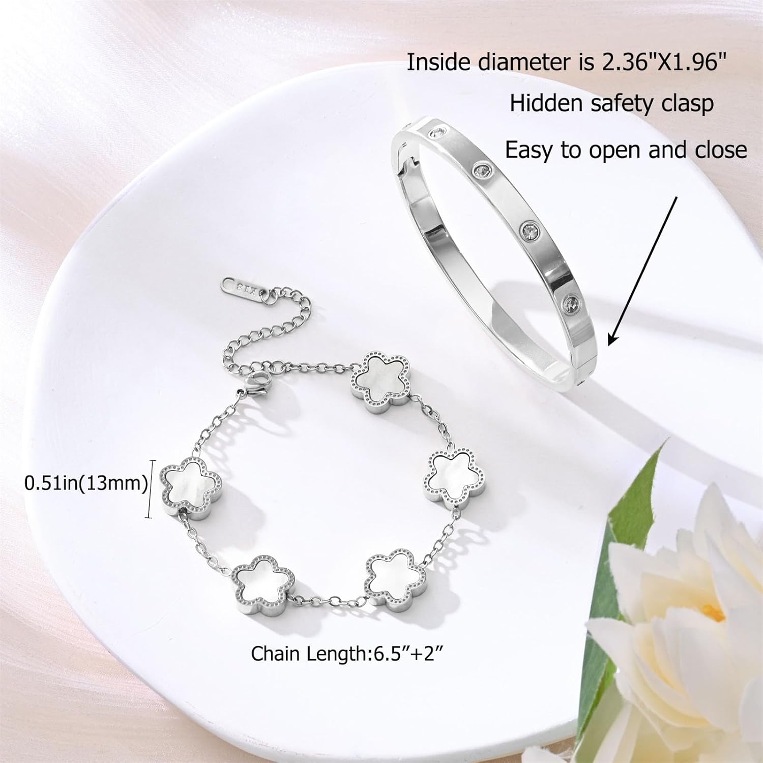 18K Gold Plated Clover Bracelet Love Bangle Set for Women Black and White Stack Bangle Clover Bracelet Fashion Simple Lucky Bracelets for Women Trendy Gifts - Image 6