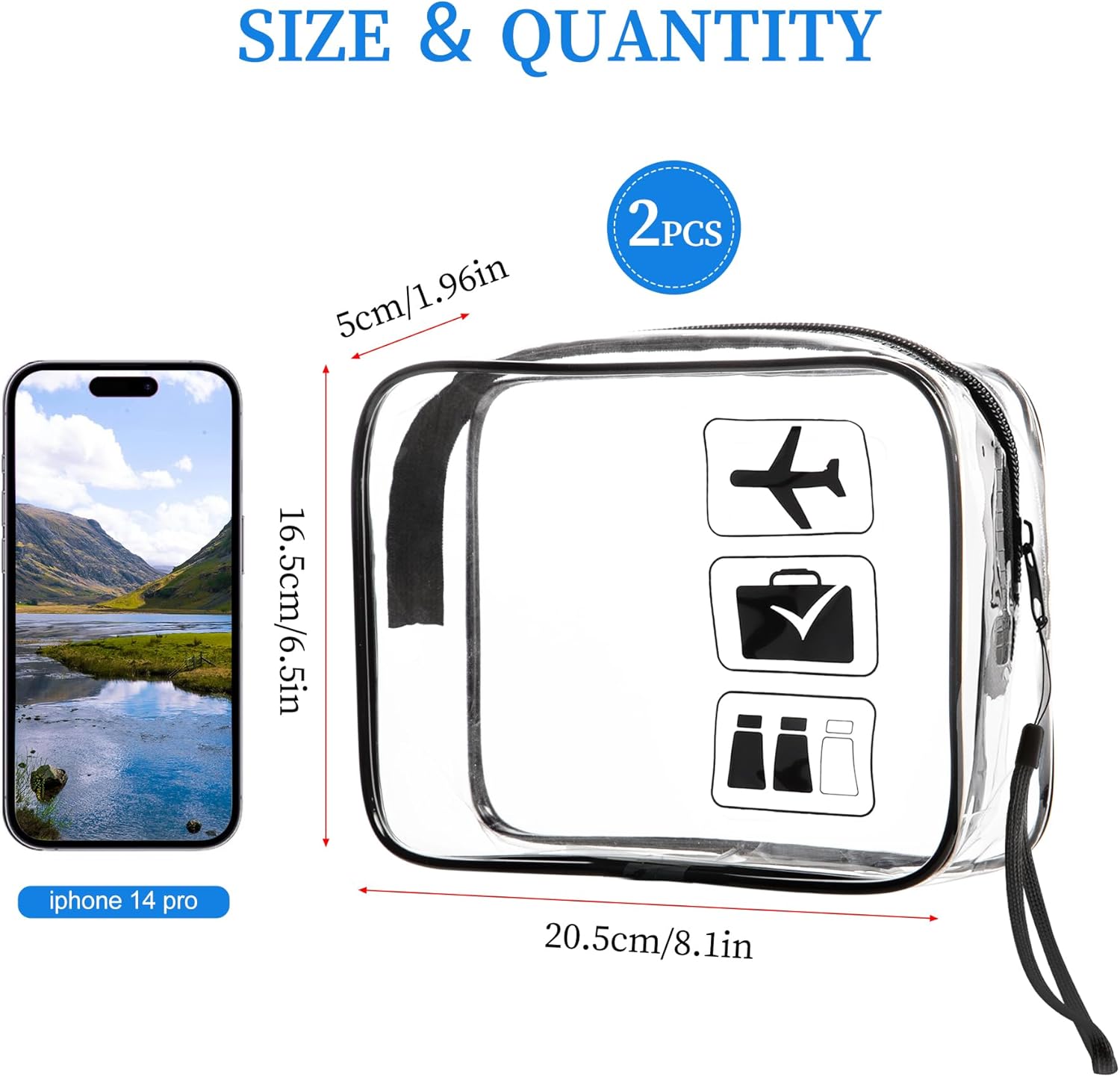 Clear Travel Toiletries Bag, 2 PVC Clear Travel Toiletry Bag, Airport Security Liquids Bag with Wrist Strap, Waterproof Clear Toiletry Bags for Travel, Holiday Essentials for Women and Men