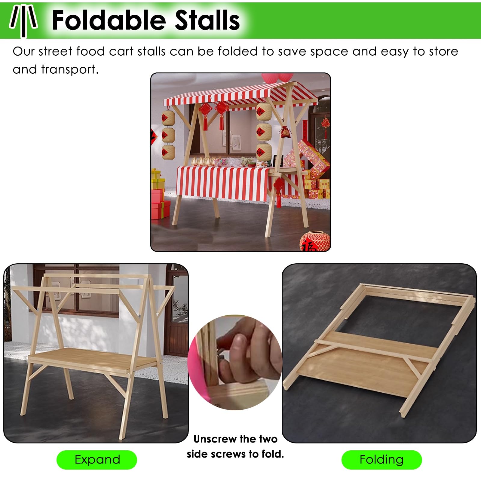 Carrito de Comida Callejero Puesto de Mercado Plegable para Negocios, Carrito de Helados portátil, Carrito de Madera de 2 Niveles, Carrito de Perritos Calientes(Only Frame,W 120cm(47.2"))