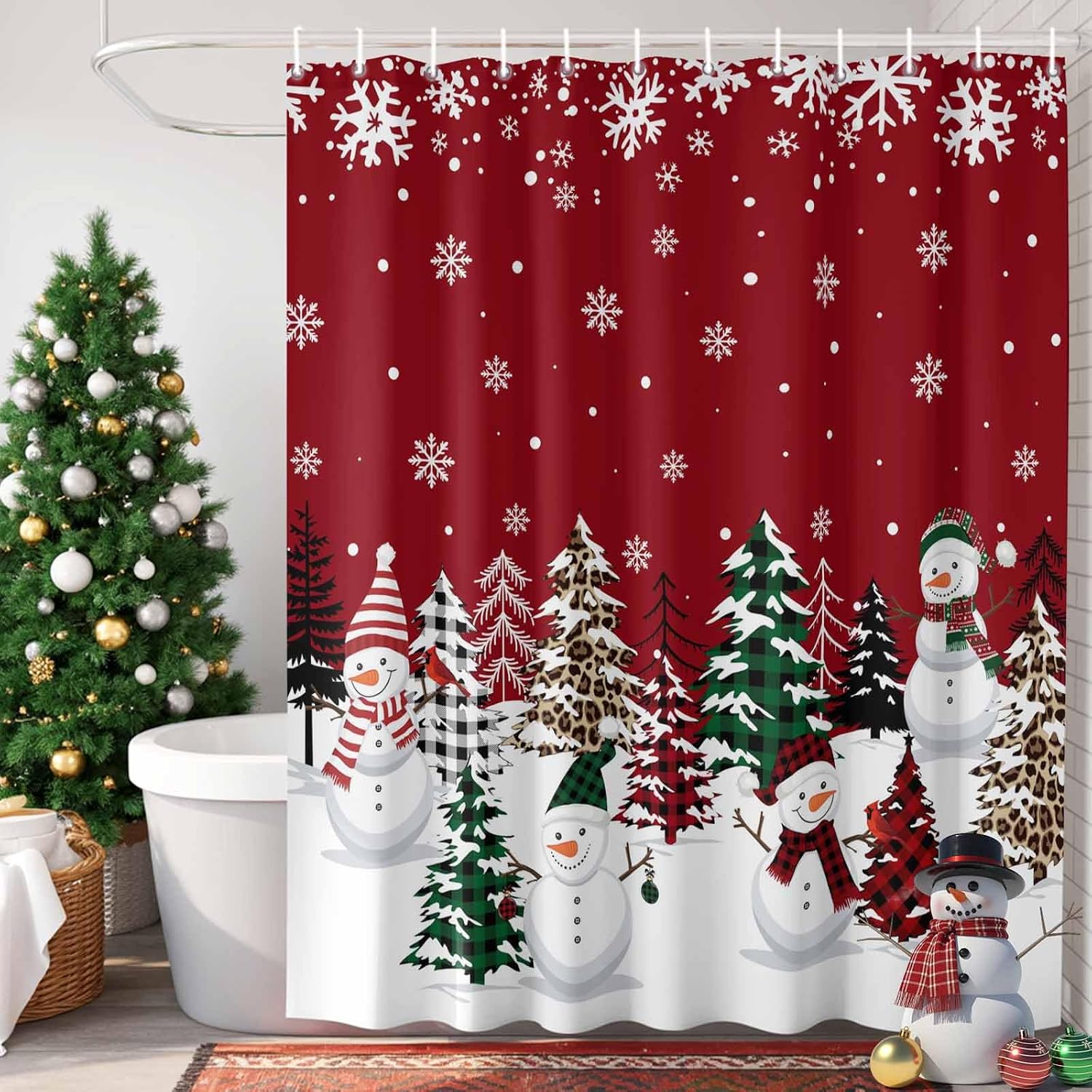 Red Christmas Snowman Shower Curtain Set - Standard 72" x 72" Xmas Tree Washable Bathtub Curtain, Winter Snowflake Waterproof Fabric Stall Shower Curtains for Bathroom/Bathtub Décor