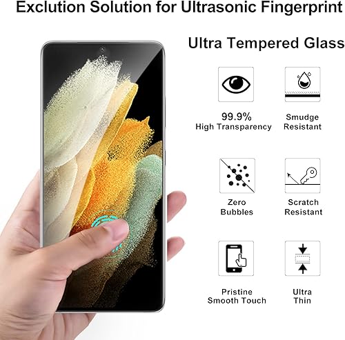 Miniatura 4 de Paquete de 3 protectores de pantalla de vidrio templado curvado 3D para S21 Ultra Glass compatible con desbloqueo de huellas dactilares, protección