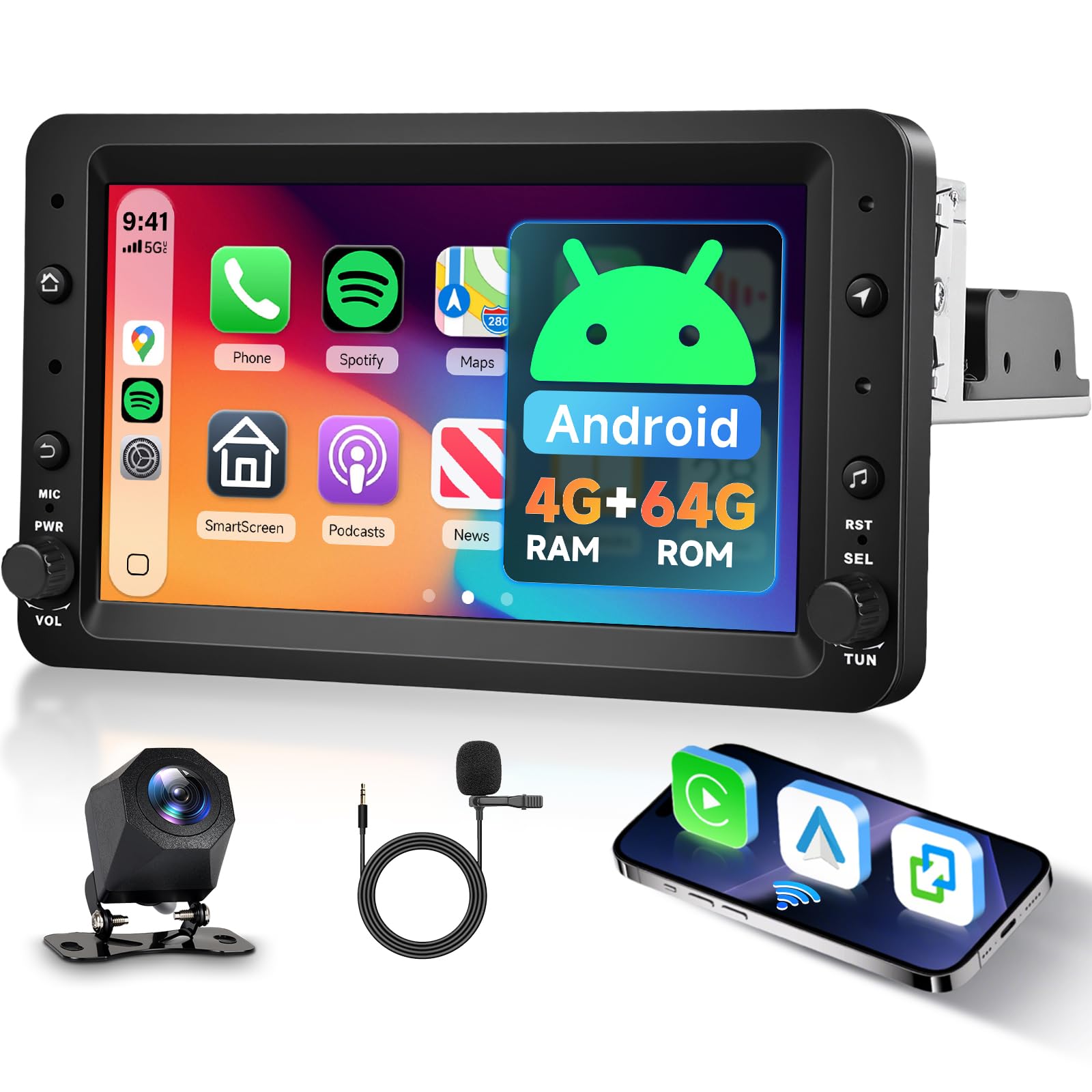Hodozzy 4GB+64GB Android Autoradio per Alfa Romeo 159 2004-2011 Carplay Android Auto Wireless, 7 Pollici Touch Screen Auto Stereo 1 Din GPS Navigazione WiFi, Bluetooth DSP, FM/RDS Radio+Retrocamera