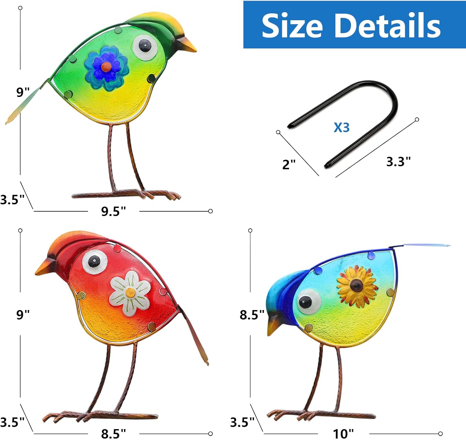 LEGIFO Bird Garden Decor for Outside, Glass & Metal Yard Art Decorations Outdoor Decor for Patio Backyard, Gift for Women Grandma Mom（3 Pack）