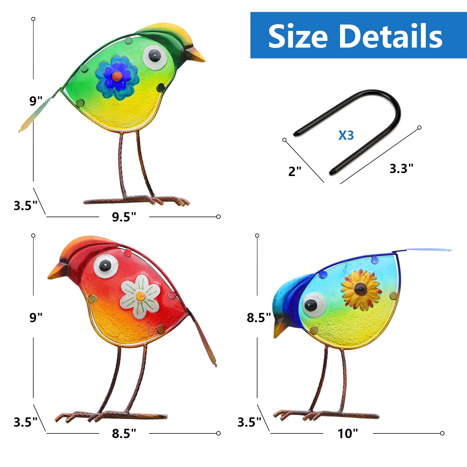 Bird Garden Decor Set of 3 Metal Glass Outdoor Yard Art Patio Lawn Decor view 5
