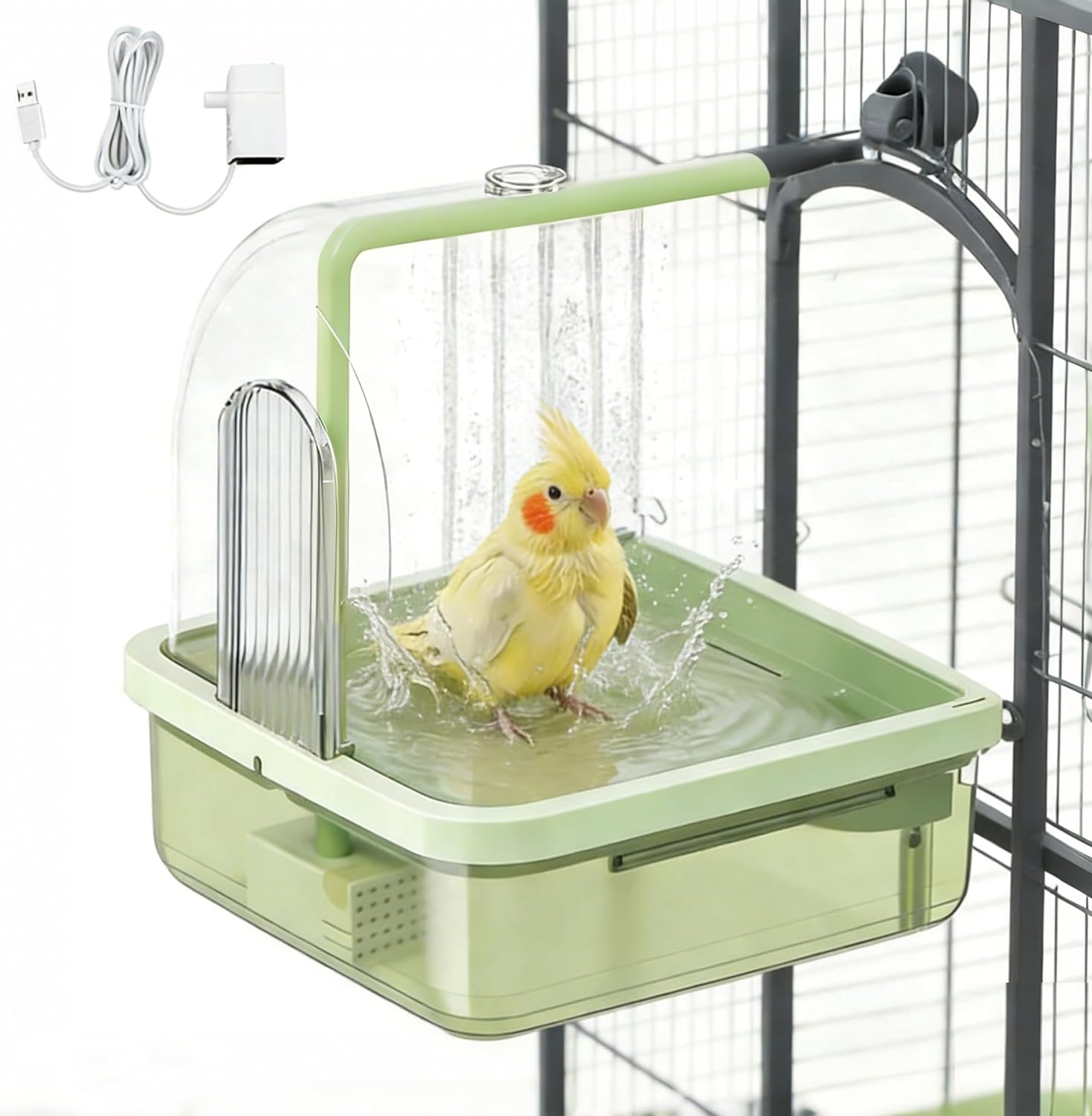 Bird Bath for Cage Parakeets, Indoor Cockatiel Bathtub Shower with Pump, Parrots Shower Accessories for Birdcage, Parrot Bathtub with Shower Running Water for Finches, Canaries, Lovebirds (Green)