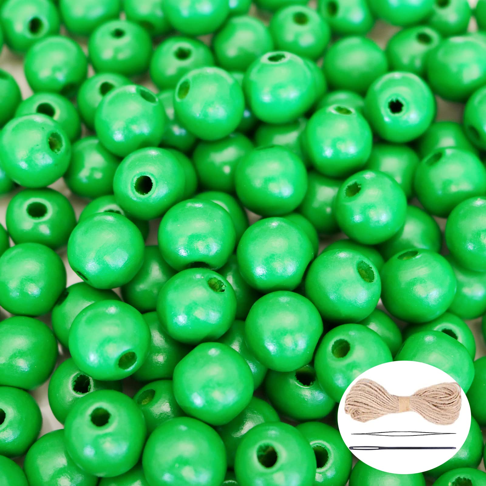 400Pcs Green Natural Wooden Beads for Crafts, Assorted Stained Round Loose Beads Small Wood Spacer Beads with 33ft Hemp Rope for Garlands Necklace
