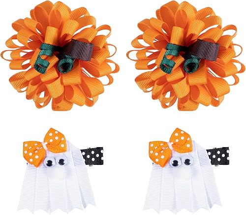 Fall Pumpkin Korker Hair Bow Clips Girls Halloween Ghost Ribbon Alligator Barrettes Cute Thanksgiving Loopy Puff Pom Cheer Pins Kids Autumn Costume Decor Accessories Gift Orange
