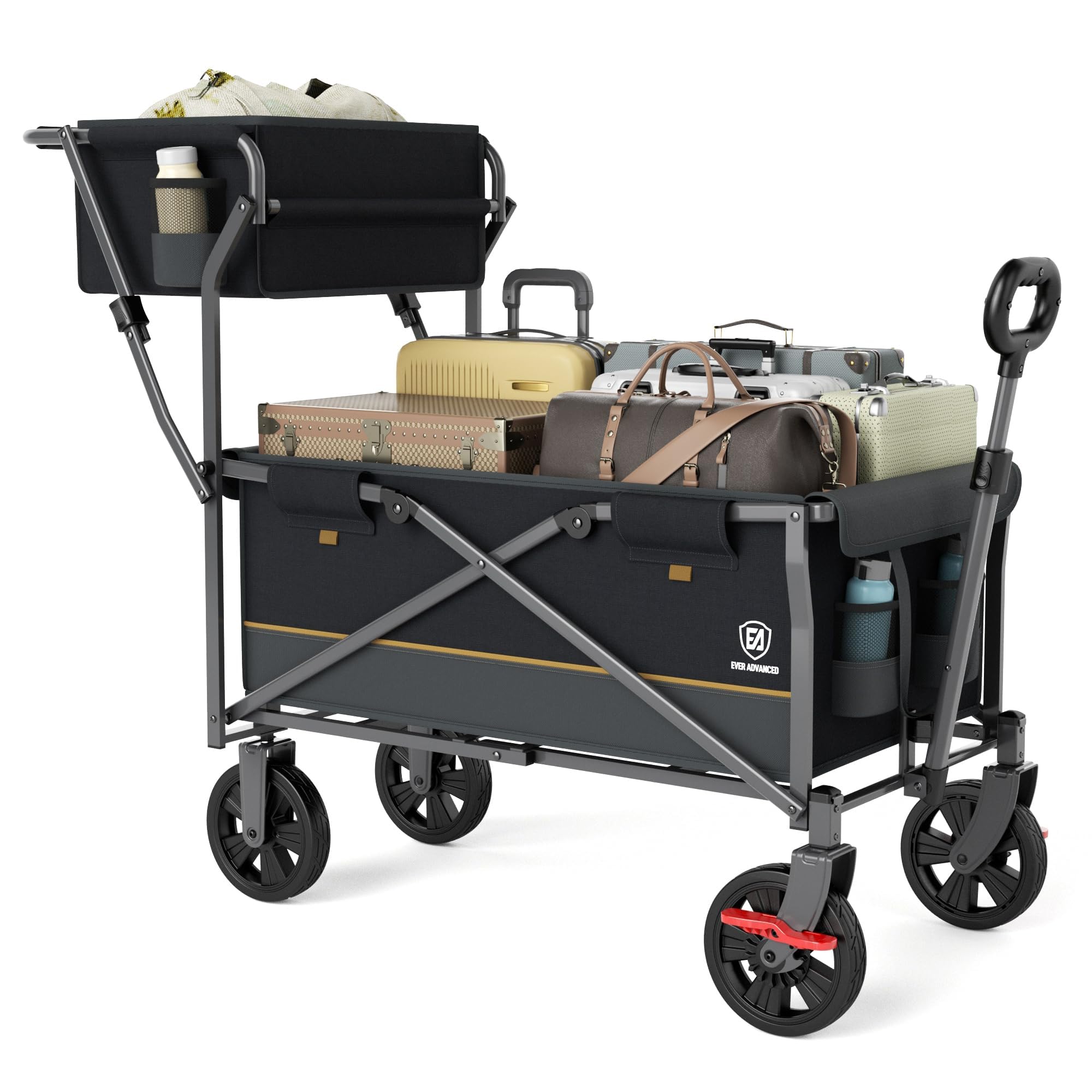 EVER ADVANCED Collapsible Push & Pull Shopping Cart with Wheels & Brakes, Foldable Wagon for Groceries with Practical Basket, Side Pockets & Cup Holders, Beach Utility Rolling Cart for Camping, Black-image-28